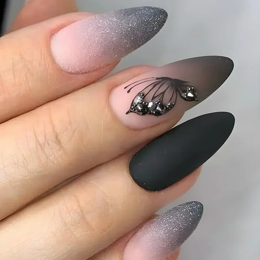 Grey Sparkle Butterflies 24 Piece Nails