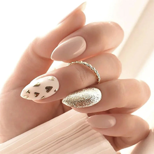 Gold Nude Hearts 24 Piece Nails