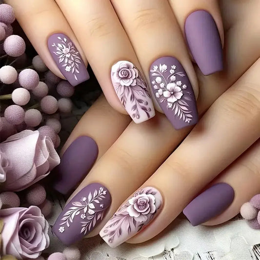 Violet Floral Design 24 Piece Nails