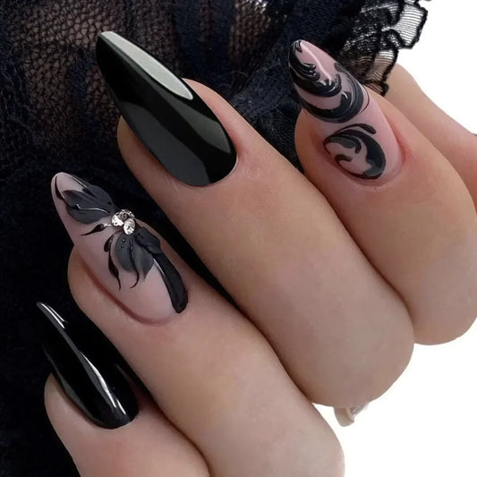 Black Bling Flower 24 Piece Nails