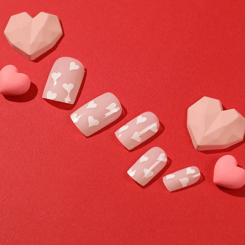Nude Mini White Hearts 24 Piece Nails