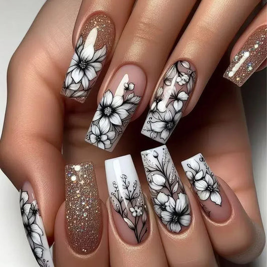 White Sparkle Flowers 24 Piece Nails