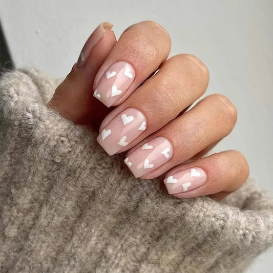 Nude Mini White Hearts 24 Piece Nails