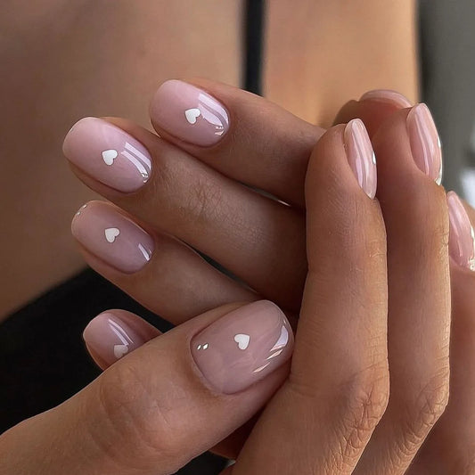 Nude White Small Hearts 24 Piece Nails