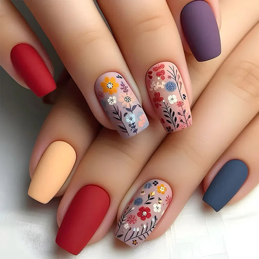 Retro Floral Colourful 24 Piece Nails